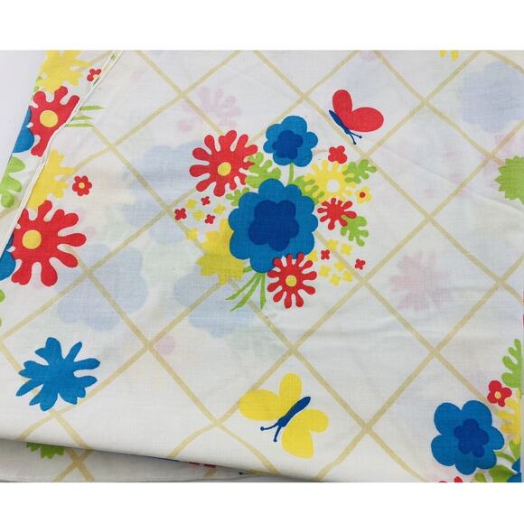 1960s Mod Retro Flower Power Table cloth Round Butterfly Blue Red Yellow 68" Che - Picture 12 of 14